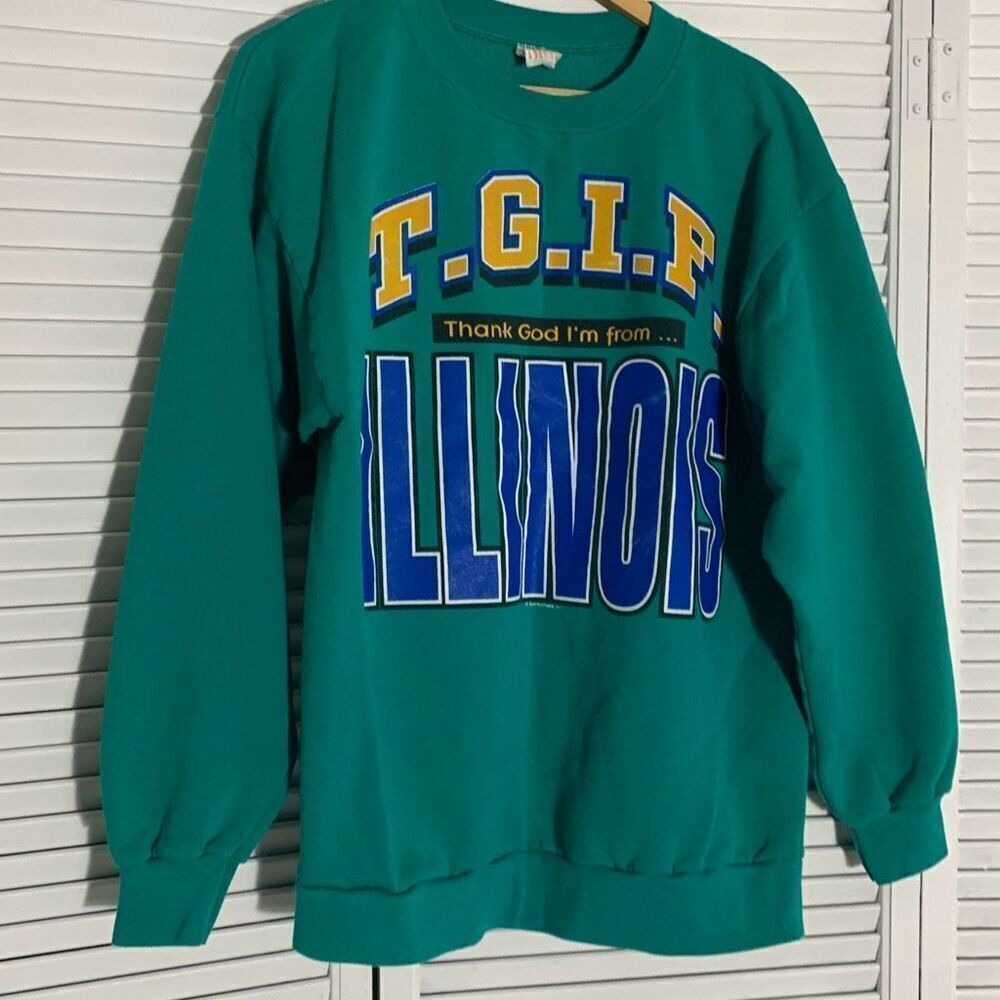 Vintage Sun Green 80's TGIF Thank God‎ I'm From Illinois Crewneck Sweatshirt XL